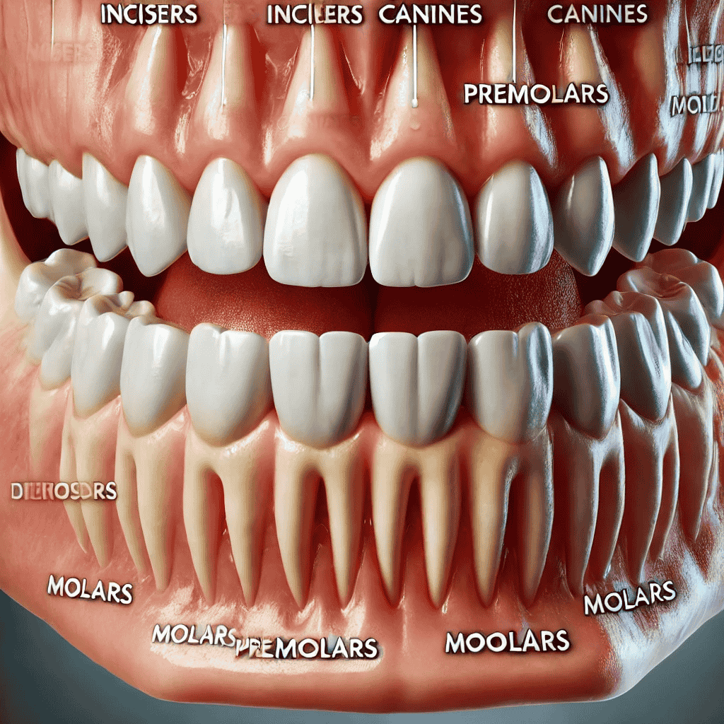 Ein detailliertes Bild eines menschlichen Gebisses, das die verschiedenen Zahntypen mit korrekten Formen und Wurzeln zeigt und einer leichten 3D-Darstellung. Die Zähne sind sauber und gesund, mit einem Fokus auf die unterschiedlichen Formen und korrekten Wurzeln der Schneidezähne, Eckzähne, Prämolaren und Molaren.