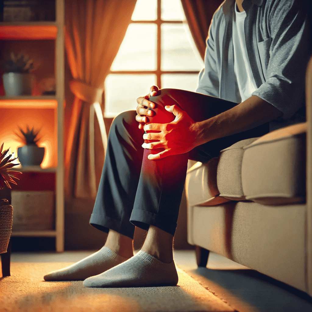 Eine Person sitzt auf einem Sofa und massiert ihr Bein, um Schmerzen zu lindern. Im Hintergrund ist ein warm beleuchtetes Wohnzimmer zu sehen, das eine gemütliche und beruhigende Atmosphäre ausstrahlt. Die Szene vermittelt das Unbehagen und die Schwierigkeit, die durch ziehende Schmerzen im Bein beim Sitzen und Liegen verursacht werden.