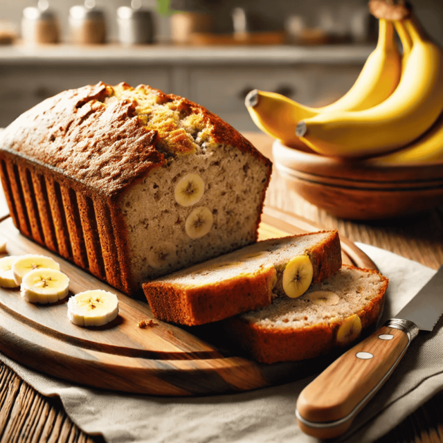 Ein köstliches, hausgemachtes Bananenbrot, in Scheiben geschnitten auf einem Holzbrett, mit einem Messer daneben. Im Hintergrund ist eine gemütliche Küche mit weicher Beleuchtung zu sehen, und eine kleine Schüssel mit frischen Bananen steht neben dem Brot. Das Bananenbrot hat eine goldbraune Kruste und ein feuchtes, fluffiges Inneres mit sichtbaren Bananenstücken.