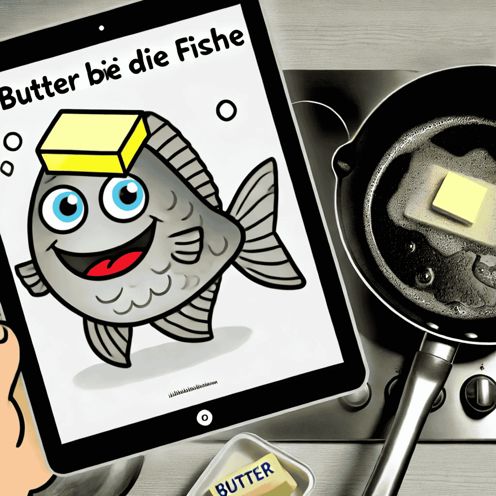Ein humorvolles, cartoonartiges Bild eines Fisches mit einem Stück Butter auf dem Kopf. Der Fisch sieht glücklich aus und ist in einer Küchenszene mit einer Pfanne und einem Butterbehälter dargestellt.