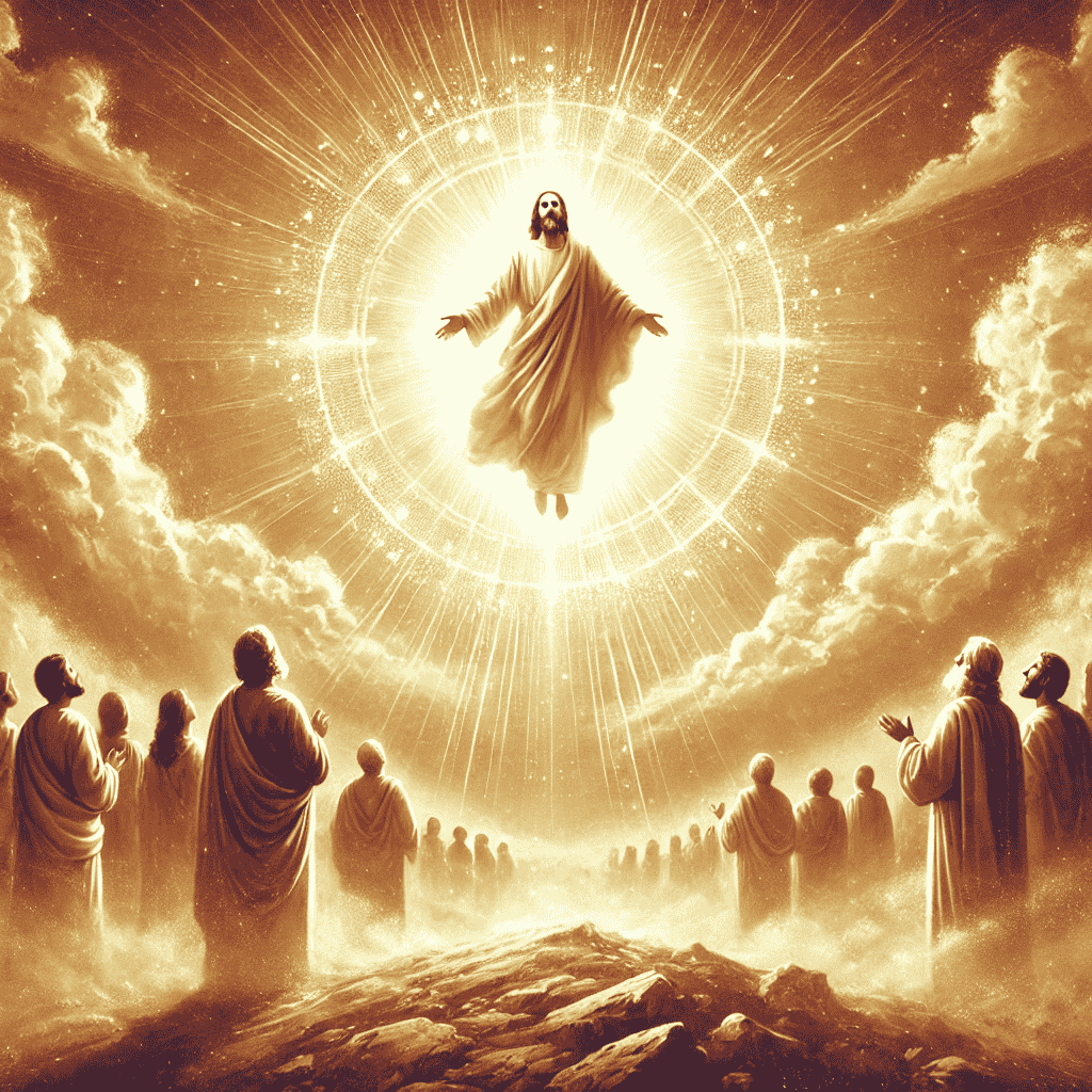 Künstlerische Darstellung von Christi Himmelfahrt: Jesus steigt in den Himmel auf, beobachtet von einer Gruppe Menschen. Himmlische Atmosphäre mit goldenen Lichtstrahlen und Wolken.