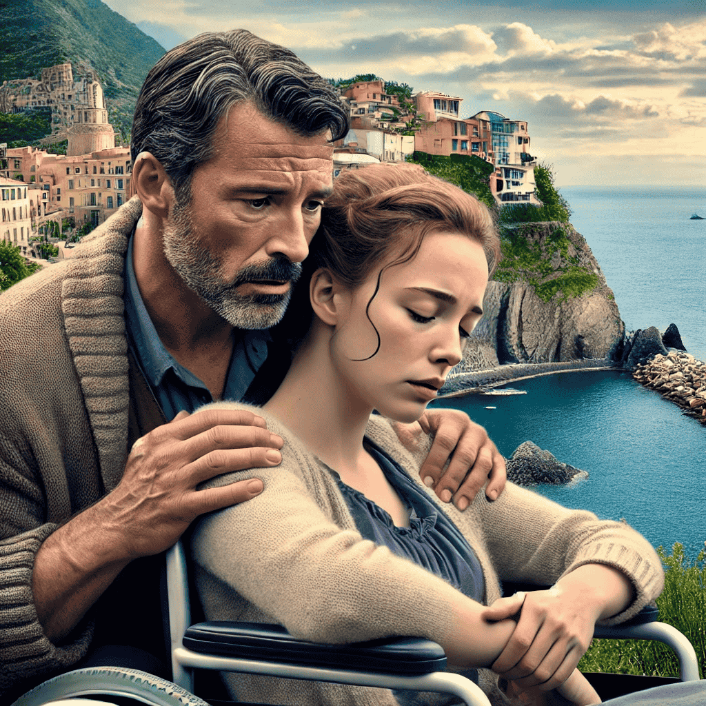Eine emotionale Szene zeigt die Hauptcharaktere Alain und Stéphanie aus dem Film 'Der Geschmack von Rost und Knochen'. Alain, ein kräftiger Mann, unterstützt die im Rollstuhl sitzende Stéphanie. Im Hintergrund ist eine malerische Küste Südfrankreichs zu sehen, die die Atmosphäre des Films einfängt.