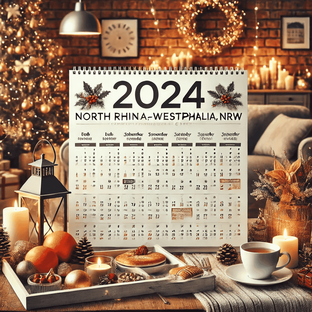 Ein moderner Kalender für das Jahr 2024, der alle gesetzlichen Feiertage in Nordrhein-Westfalen (NRW), Deutschland, zeigt. Der Kalender ist mit klaren Markierungen für jeden Feiertag gestaltet, vor einem Hintergrund einer gemütlichen Wohnung oder eines Büros mit saisonalen Dekorationen, die die festliche und entspannte Atmosphäre der Feiertage betonen.