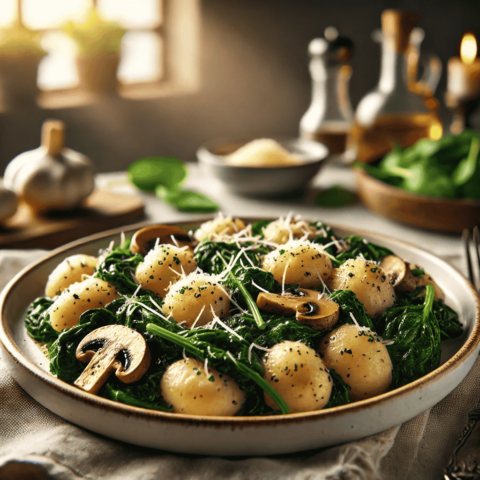 Köstlicher Teller mit Gnocchi, Spinat und Pilzen. Das Gericht besteht aus zarten Gnocchi, vermischt mit sautiertem Spinat und Pilzen, garniert mit geriebenem Parmesan. Im Hintergrund ist eine gemütliche Küche mit warmer Beleuchtung zu sehen, die die hausgemachte und beruhigende Natur der Mahlzeit betont.