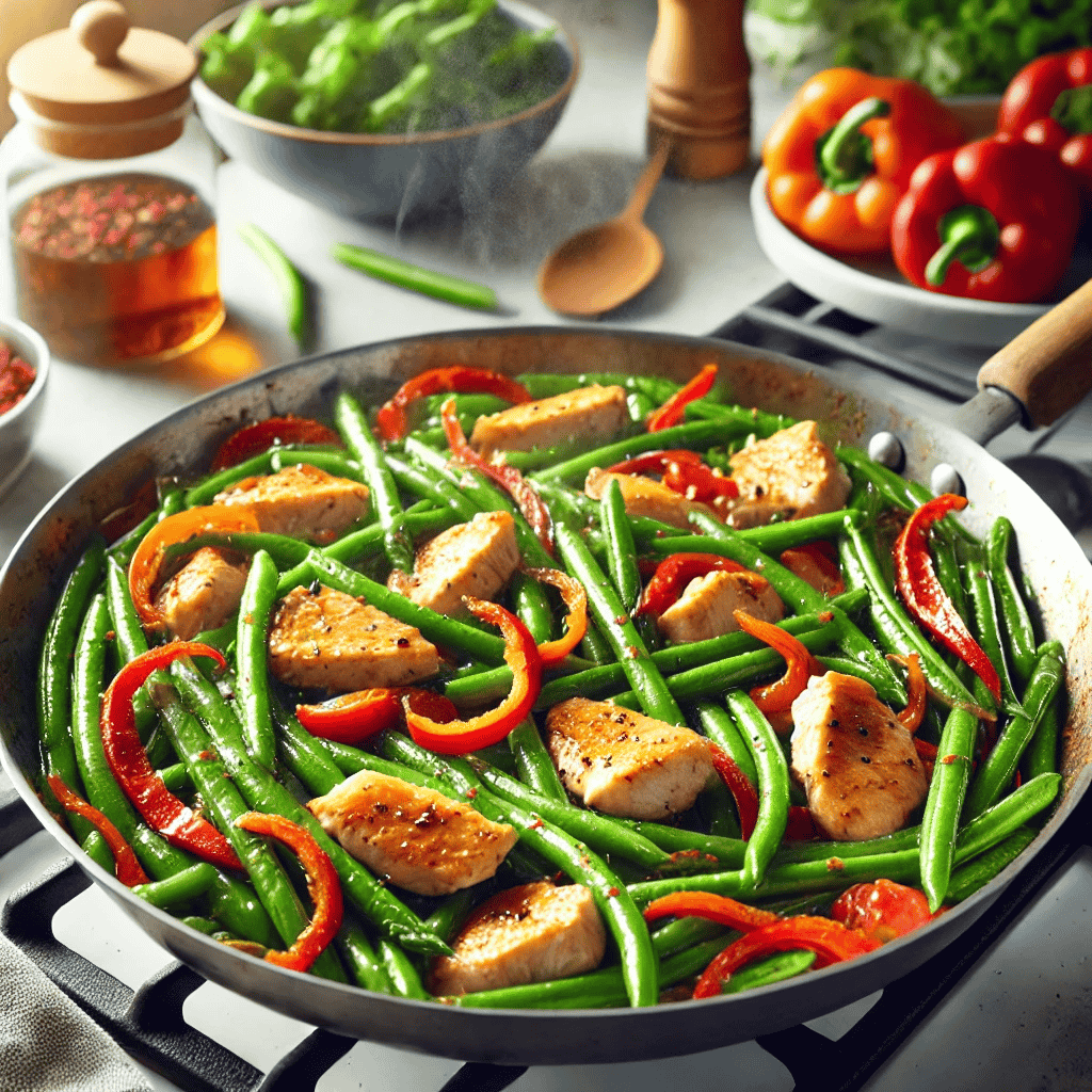 Ein köstliches und farbenfrohes Hackfleisch-Bohnen-Pfannengericht, bestehend aus zartem Hackfleisch, leuchtend grünen Bohnen und bunten roten Paprikaschoten, alles zusammen in einer Pfanne angebraten.