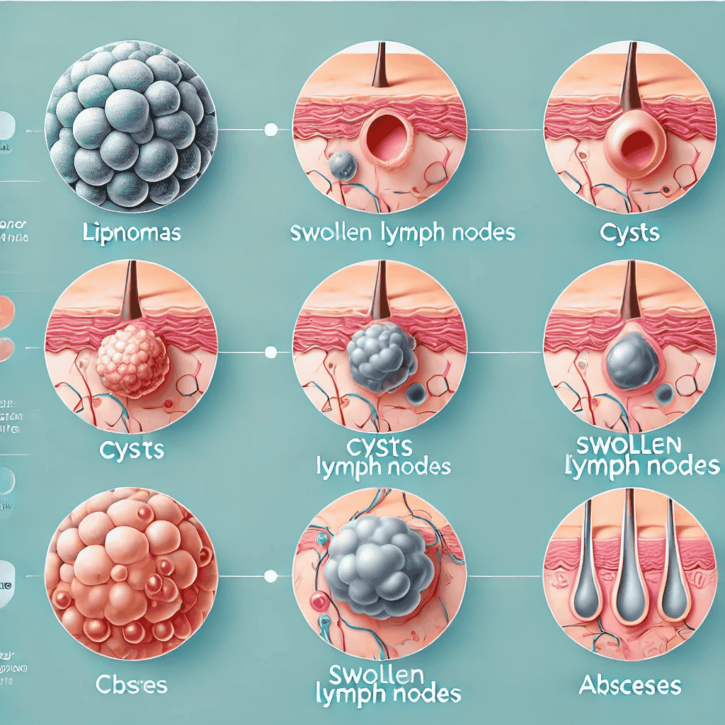 Eine informative medizinische Illustration, die verschiedene Arten von Knoten unter der Haut zeigt, wie Lipome, Zysten, geschwollene Lymphknoten und Abszesse. Jede Art ist klar beschriftet mit einer kurzen Beschreibung. Der Hintergrund ist eine saubere, klinische Umgebung mit sanften Farben und einem professionellen Erscheinungsbild.