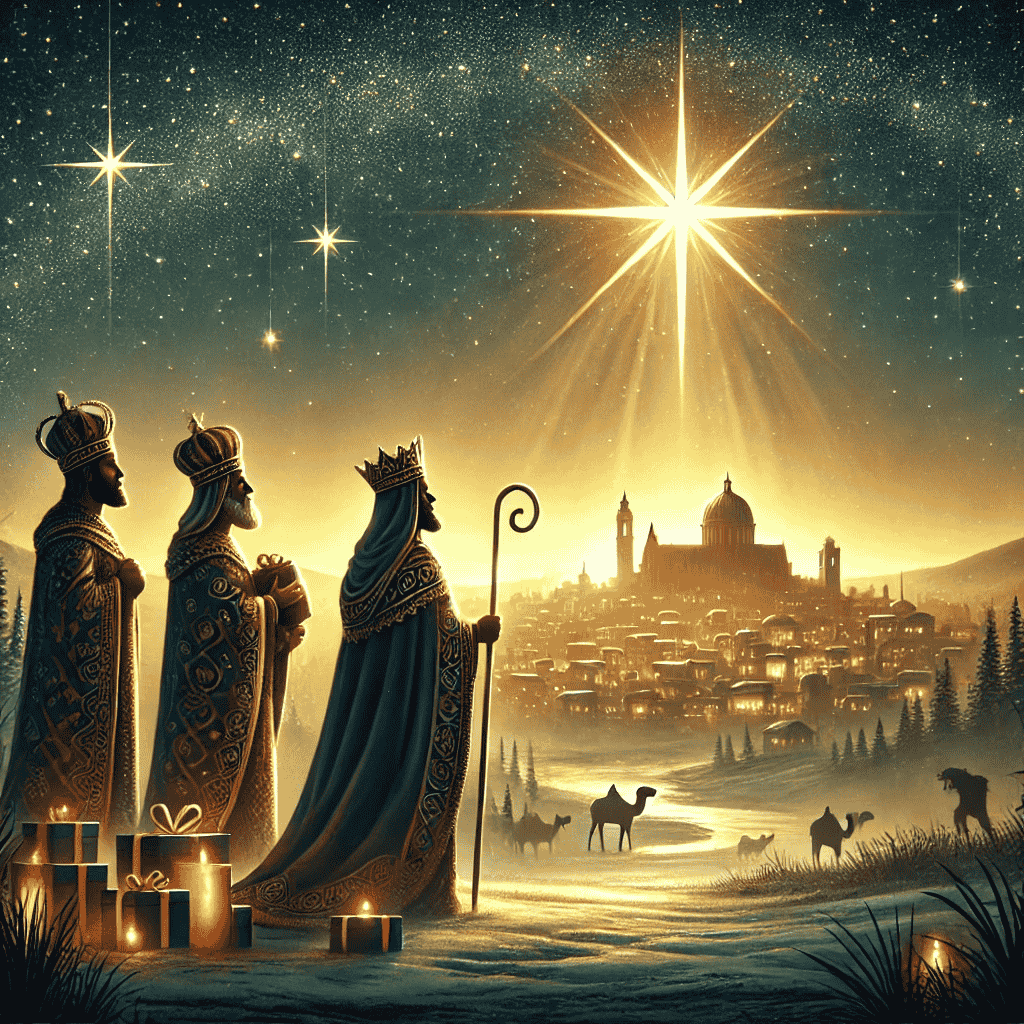 Festliches Bild der Heiligen Drei Könige, die Geschenke zum neugeborenen Jesuskind bringen, unter einem leuchtenden Stern in Bethlehem.