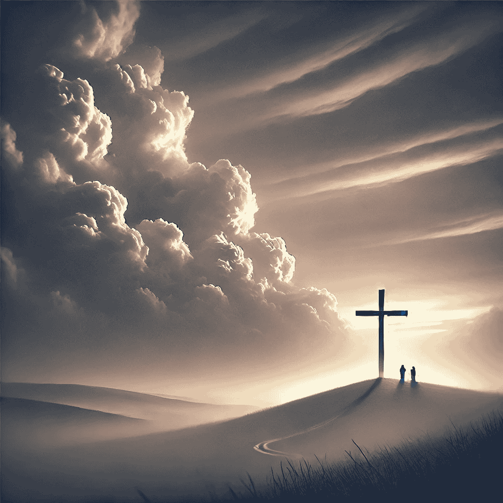 Stimmungsvolles Bild des Karfreitags mit einem schlichten hölzernen Kreuz auf einem Hügel, umgeben von gedämpftem Licht und dramatischen Wolkenformationen in Grau- und Violetttönen, das eine ernste und nachdenkliche Stimmung vermittelt.