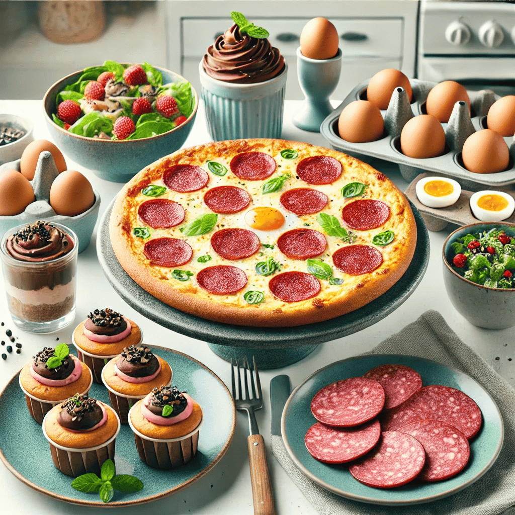 Ein stilvoll gedeckter Tisch mit verschiedenen Keto-Gerichten, darunter eine Salami-Pizza, Ei-Muffins und ein Schoko-Mousse-Dessert. Die Farben sind lebendig und appetitlich, mit einem Fokus auf die Vielfalt und Frische der Zutaten. Der Hintergrund zeigt eine minimalistische, helle Küche.