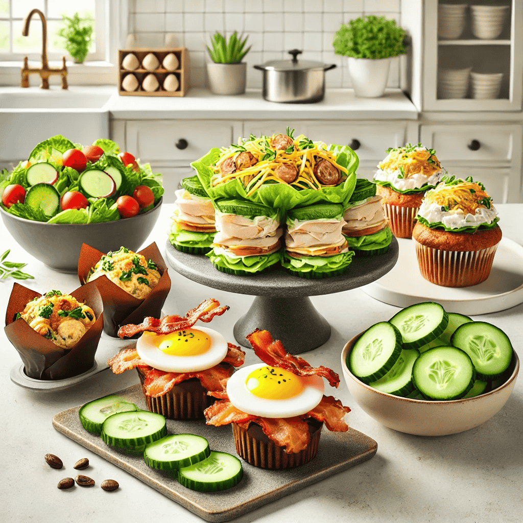 Schön arrangiertes Bild von Keto Bacon und Cheddar Ei-Muffins, Hähnchen-Salat-Wraps und Gurken-Sandwiches. Die Gerichte sind auf einem modernen, eleganten Tisch angerichtet mit frischen und lebendigen Zutaten. Der Hintergrund zeigt eine helle, minimalistische Küche, die die Frische und Attraktivität der Keto-Diät-Mahlzeiten hervorhebt.