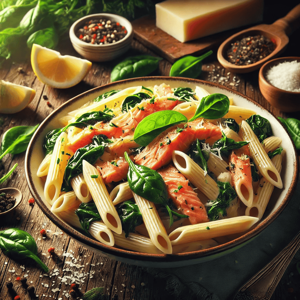 Einladendes Bild von Pasta mit Lachs und Spinat. Das Gericht besteht aus Penne, kombiniert mit Räucherlachsstreifen und frischem Spinat, alles in einer cremigen Soße. Die Pasta wird in einer eleganten Schüssel auf einem rustikalen Holztisch serviert, umgeben von frischen Kräutern und Zutaten wie Zitronenscheiben und Parmesan. Die warme Beleuchtung hebt die lebendigen Farben und Texturen des Gerichts hervor und schafft eine gemütliche und appetitliche Atmosphäre.