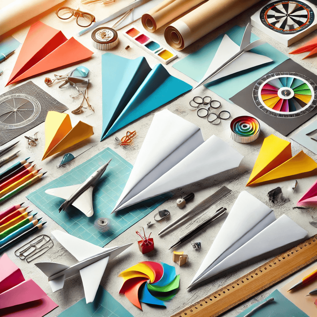 Eine kreative Szene mit verschiedenen Papierflieger-Modellen, darunter der klassische Standard-Papierflieger, ein Gleiter, ein Langstreckenflieger und ein Kunstflieger. Die Flieger sind auf einem Tisch ausgebreitet, umgeben von buntem Papier, Linealen und Markern, in einer hellen und inspirierenden Umgebung, die perfekt zum Basteln geeignet ist.