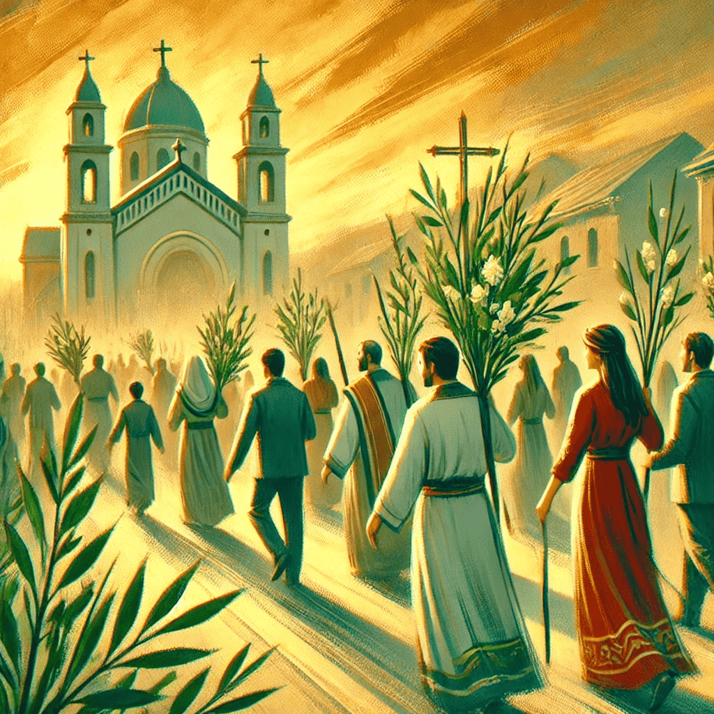Festliches Bild von Pfingstmontag mit einer Prozession von Menschen, die grüne Zweige und Blumen tragen und einer Kirche im Hintergrund.