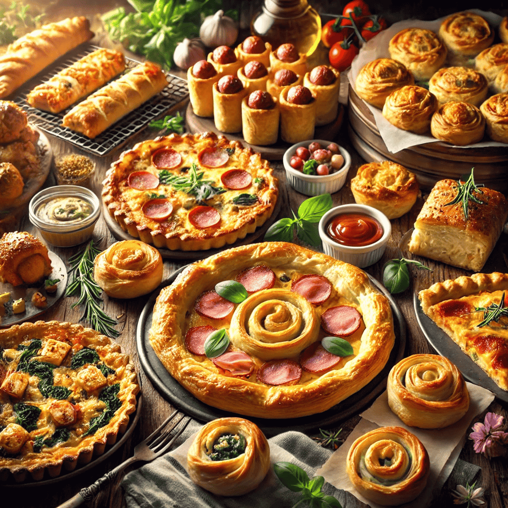 Appetitliches Bild mit verschiedenen herzhaften Blätterteiggerichten: Blätterteig-Schnecken, Spinat-Feta-Taschen, Würstchen im Blätterteigmantel, Gemüse-Quiche, Blätterteig-Pizza, Blätterteig-Stangen, Blätterteig-Körbchen, Blätterteig-Röllchen, Blätterteig-Tarte und Blätterteig-Rosen, angerichtet auf einem rustikalen Holztisch.