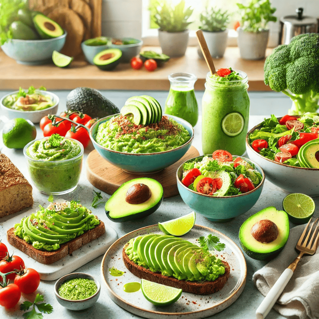 Buntes und appetitliches Bild, das eine Vielzahl von Avocado-Gerichten zeigt, darunter Avocado-Toast, Guacamole, Avocado-Salat und eine Avocado-Smoothie-Bowl. Die Gerichte sind schön auf einem Tisch mit frischen Zutaten wie Tomaten, Limette, Koriander und Brot arrangiert. Der Hintergrund zeigt eine helle und einladende Küche mit natürlichem Licht, die die Frische und Vielseitigkeit der Avocados hervorhebt.