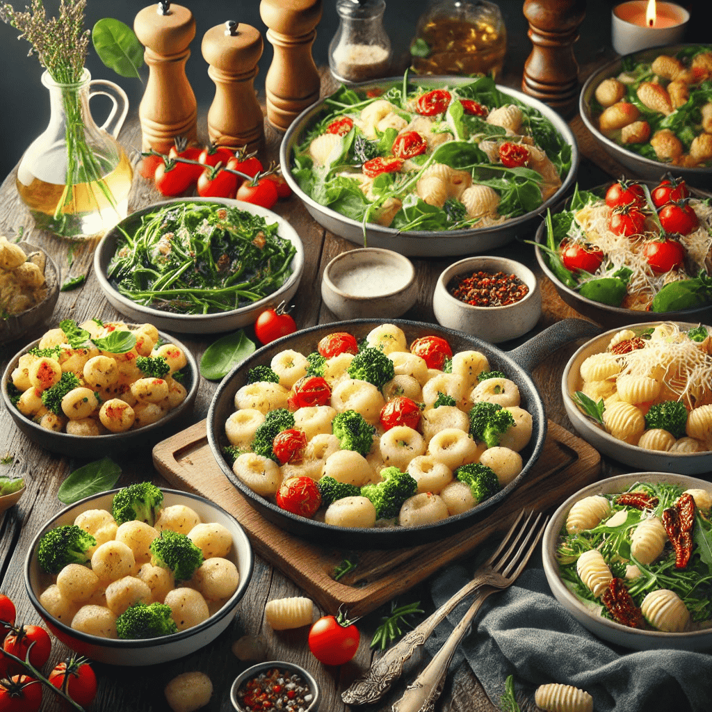 Eine Vielzahl köstlicher Gnocchi-Gerichte, angerichtet auf einem rustikalen Holztisch. Zu den Gerichten gehören eine Gnocchi-Pfanne mit Tomaten und Mozzarella, Gnocchi mit Spinat und Pilzen, ein Gnocchi-Auflauf mit Brokkoli und Käse und ein frischer Gnocchi-Salat mit Rucola und getrockneten Tomaten. Die Szene ist in einer gemütlichen Küche mit warmer Beleuchtung und frischen Kräutern und Zutaten dekoriert.