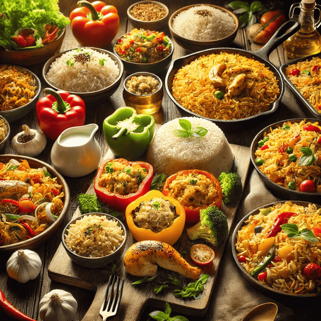 Appetitliches Bild mit verschiedenen Reisgerichten: Hähnchen-Reis-Pfanne, Gemüsereis, Curryreis, Reis-Salat mit Gemüse, Reispfanne mit Garnelen, gefüllte Paprika mit Reis, gebratener Reis, Reisauflauf mit Gemüse, Thunfisch-Reis-Salat und Mango-Kokos-Reis, angerichtet auf einem rustikalen Holztisch.