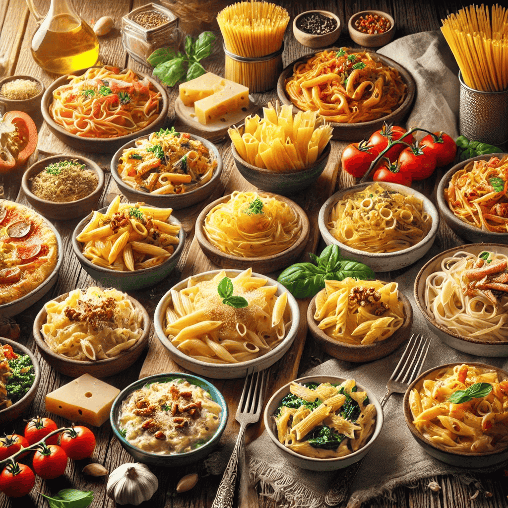 Appetitliches Bild mit verschiedenen schnellen Pasta Rezepten: Spaghetti Aglio e Olio, Penne Arrabbiata, Fettuccine Alfredo, Pasta Primavera, Spaghetti Carbonara, Pasta mit Pesto, Mac and Cheese, Pasta mit Thunfisch, Pasta mit Gorgonzola und Walnüssen und Pasta mit Lachs und Spinat, angerichtet auf einem rustikalen Holztisch.