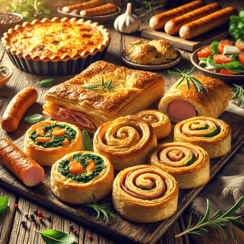 Appetitliches Bild mit herzhaften Blätterteiggerichten: Blätterteig-Schnecken, Spinat-Feta-Taschen, Würstchen im Blätterteigmantel und Gemüse-Quiche, angerichtet auf einem rustikalen Holztisch.