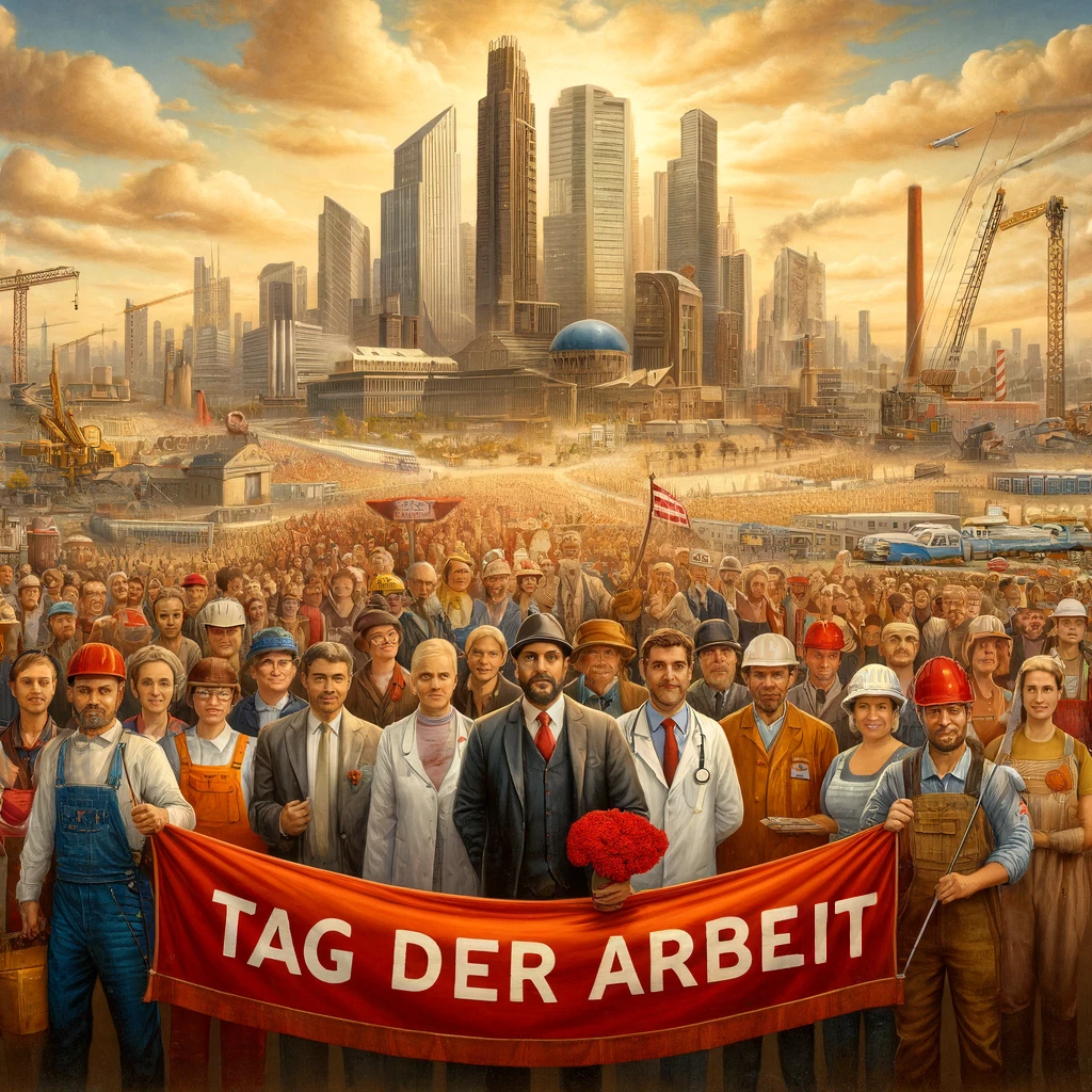 Symbolträchtiges Bild zum Tag der Arbeit mit einer diversen Gruppe von Arbeitern aus verschiedenen Berufen, die gemeinsam eine große Fahne mit der Aufschrift "Tag der Arbeit" tragen. Im Hintergrund ist eine Stadtsilhouette mit Fabriken, Bürogebäuden und Baustellen zu sehen, und einige Menschen tragen rote Nelken als Symbol.