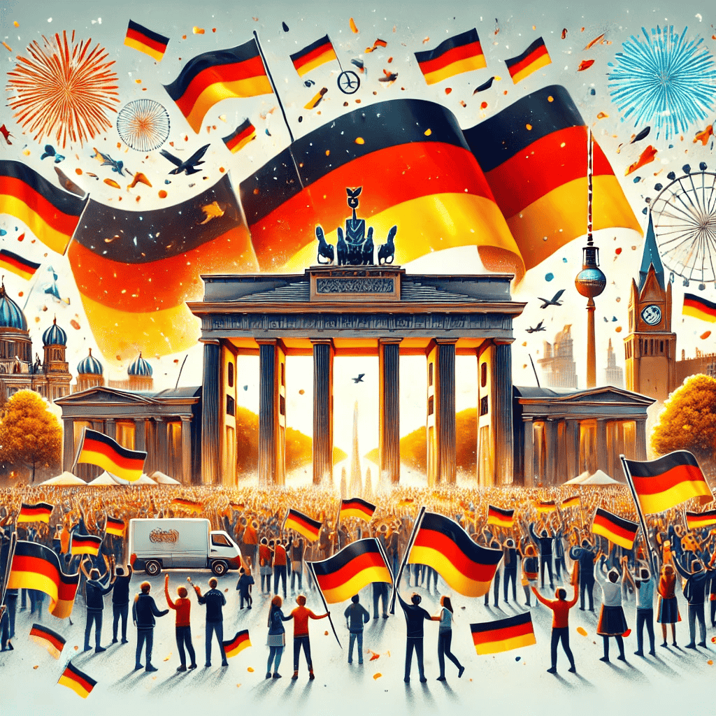 Festliches Bild zum Tag der Deutschen Einheit mit Menschen, die deutsche Flaggen schwenken, dem Brandenburger Tor und Feuerwerk im Himmel, das die nationale Einheit und den Stolz darstellt.