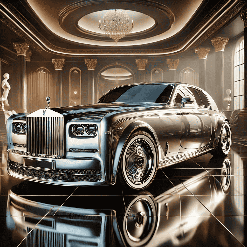 Ein luxuriöser Rolls-Royce Boat Tail, präsentiert in einer eleganten Umgebung, die Wohlstand und Exklusivität suggeriert, wie vor einem großen Herrenhaus oder in einem High-End-Showroom. Der Wagen ist glänzend und beeindruckend und fängt das Wesen von extremem Luxus und hohem Preis ein.