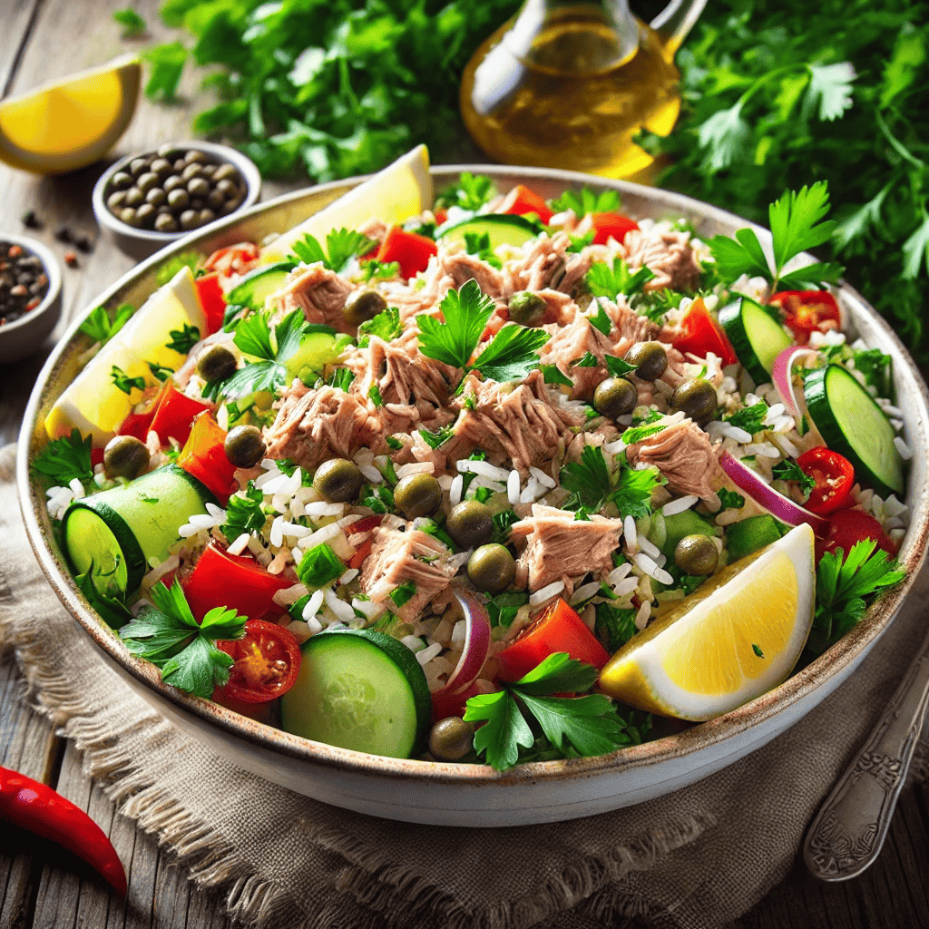 Frischer und appetitlicher Thunfisch-Reis-Salat mit gekochtem Reis, Thunfischstücken, gewürfelter Gurke, Paprika, roter Zwiebel, Kapern und frischer Petersilie, garniert mit Zitronenscheiben und einem Schuss Olivenöl, serviert in einer eleganten Schüssel auf einem rustikalen Holztisch.