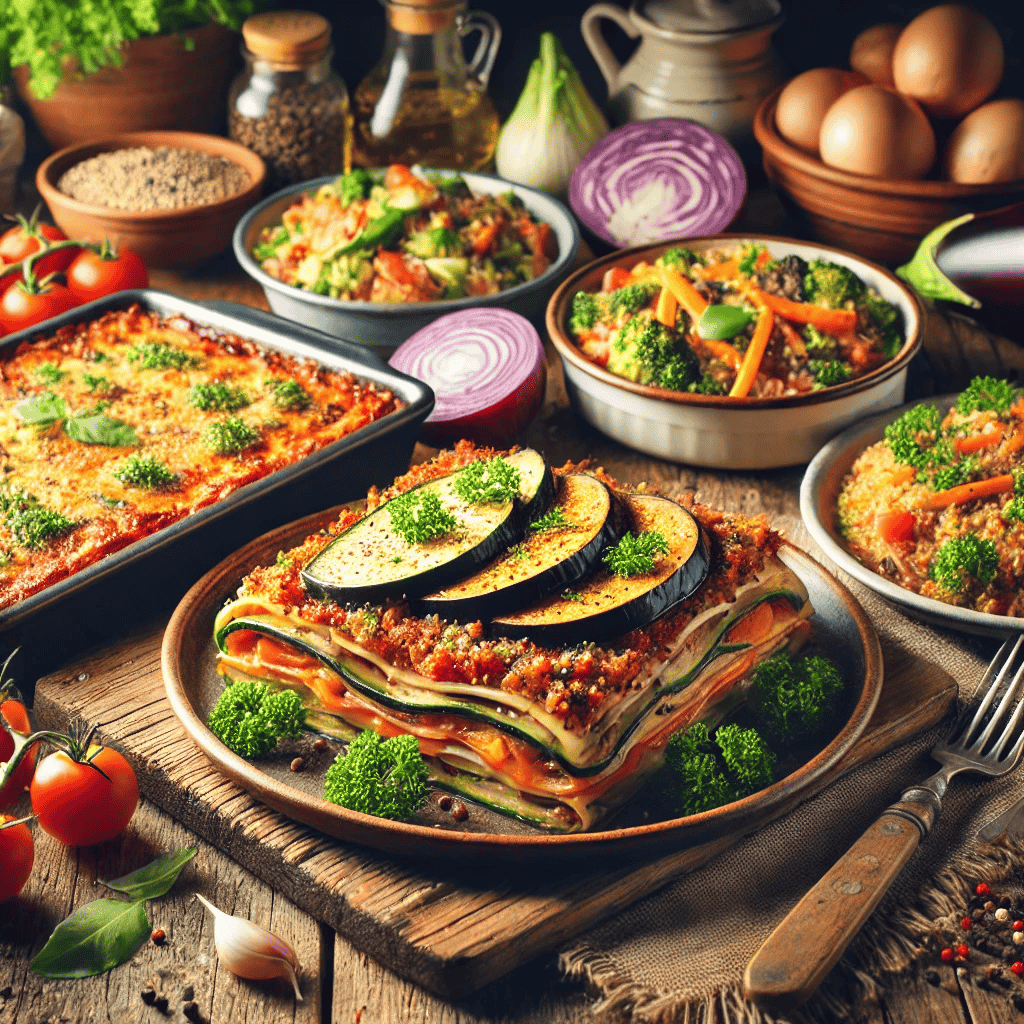Eine Auswahl köstlicher vegetarischer Hauptgerichte, darunter Gemüse-Lasagne, Quinoa-Gemüse-Pfanne und Auberginen-Schnitzel. Die Gerichte sind auf einem rustikalen Holztisch schön angerichtet, umgeben von frischen Kräutern und Zutaten. Im Hintergrund ist eine gemütliche Küche mit warmer Beleuchtung zu sehen, die die hausgemachte und beruhigende Natur der Mahlzeiten betont.