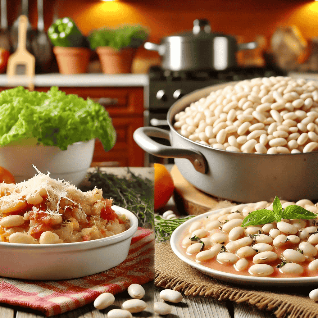 Eine Auswahl köstlicher Gerichte mit weißen Bohnen, darunter ein mediterraner Weiße-Bohnen-Salat, eine Weiße-Bohnen-Pfanne mit Tomaten und Parmesan und ein italienischer Weiße-Bohnen-Eintopf. Die Gerichte sind auf einem rustikalen Holztisch schön angerichtet, umgeben von frischen Kräutern und Zutaten. Im Hintergrund ist eine gemütliche Küche mit warmer Beleuchtung zu sehen, die die hausgemachte und beruhigende Natur der Mahlzeiten betont.