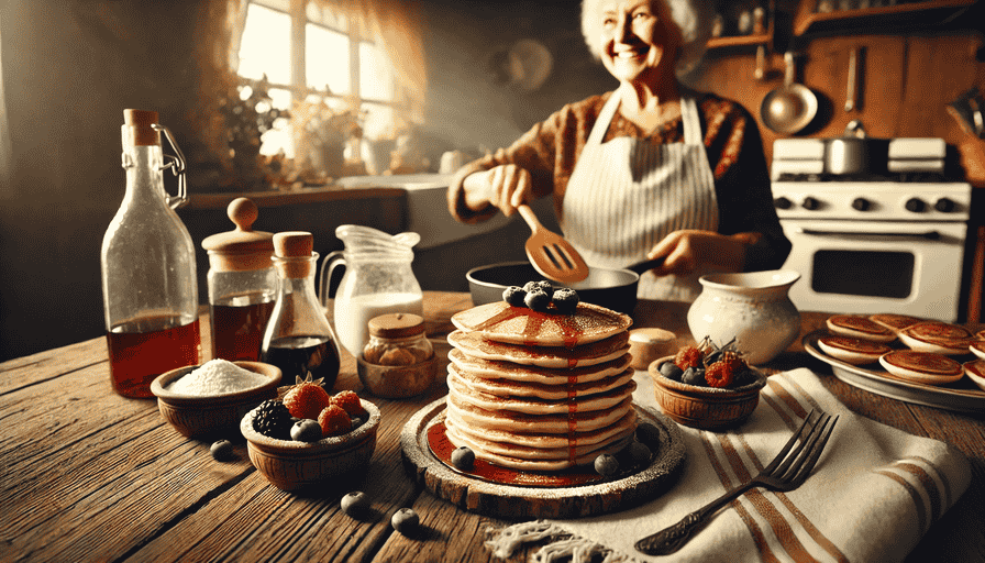 Eine gemütliche Küchenszene mit warmem Licht: Auf einem rustikalen Holztisch liegt ein Stapel goldbrauner Pfannkuchen. Neben dem Stapel stehen Schälchen mit frischen Beeren, Ahornsirup und Puderzucker. Im Hintergrund lächelt eine Großmutter in Schürze, während sie einen Pfannkuchen in der Pfanne wendet.