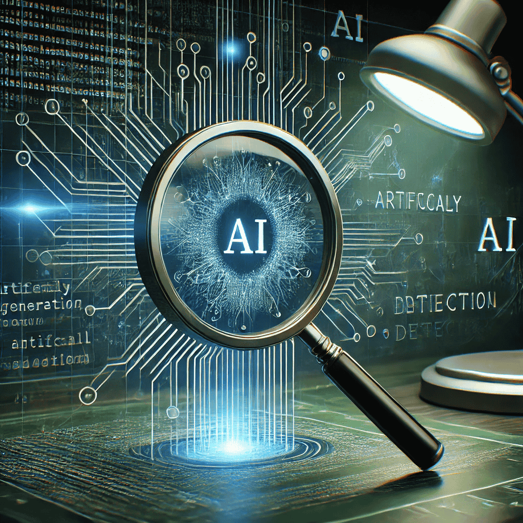 Eine futuristische Illustration mit einer digitalen Lupe, die über einem Textblock schwebt. Unter der Lupe werden binäre Codes und neuronale Netzwerk-Muster sichtbar, die die Analyse von KI-generierten Inhalten symbolisieren. Der Hintergrund besteht aus subtilen Blautönen und vermittelt ein Gefühl von Technologie und Präzision. Das Design ist minimalistisch und modern, mit leuchtenden Akzenten, die die Fokussierung auf Künstliche Intelligenz und Textdetektion hervorheben.