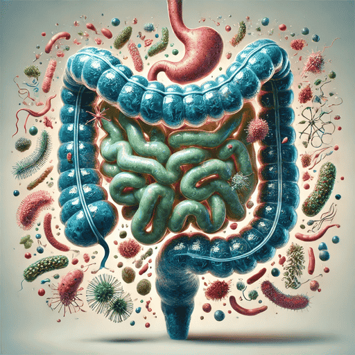 Nahaufnahme des menschlichen Darms, umgeben von verschiedenen Bakterienarten, die das Gleichgewicht des Mikrobioms symbolisieren.