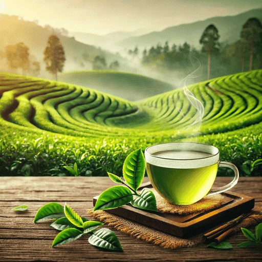 Das Bild zeigt eine Tasse dampfenden grünen Tee, umgeben von frischen Teeblättern auf einem Holztisch, mit einem Hintergrund aus Teefeldern.