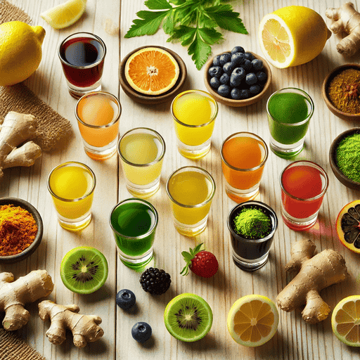 Das Bild zeigt eine farbenfrohe Anordnung von Ingwer-Shots in verschiedenen Geschmacksrichtungen, begleitet von ihren jeweiligen Zutaten.