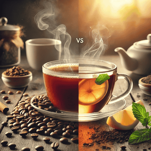 Das Bild zeigt ein vertikal geteiltes Bild. Auf der linken Seite ist eine Kaffeetasse umgeben von Kaffeebohnen, auf der rechten Seite eine Teetasse mit Zitrone, frischer Minze und einer Teekanne im Hintergrund. Beide Hälften ergeben zusammen eine Tasse.
