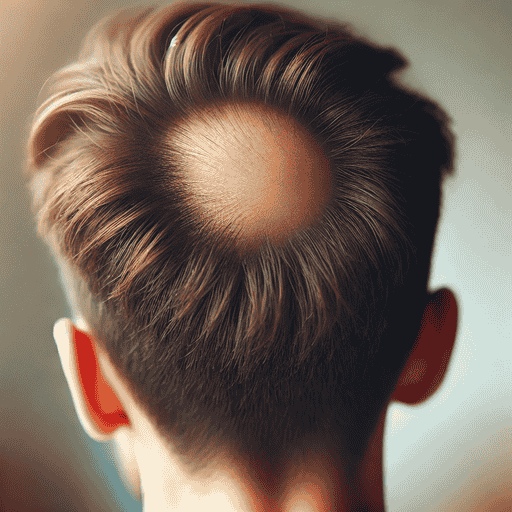 Nahaufnahme des Hinterkopfs einer Person mit kurzen braunen Haaren und einer deutlich sichtbaren, runden kahlen Stelle, die kreisrunden Haarausfall zeigt. Das umliegende Haar ist intakt, wodurch der kahle Bereich hervorgehoben wird.