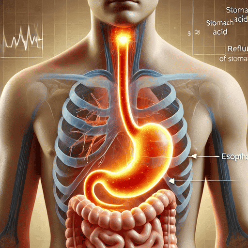 Das Bild zeigt eine medizinische Illustration, die den Rückfluss von Magensäure in die Speiseröhre verdeutlicht, mit einem leuchtenden Bereich im Brustbereich, der das brennende Gefühl symbolisiert.