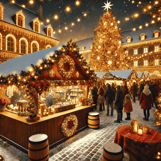Das Bild zeigt einen stimmungsvollen Weihnachtsmarkt bei Nacht mit dekorierten Holzständen, einem großen Weihnachtsbaum in der Mitte und Menschen, die die Atmosphäre genießen.