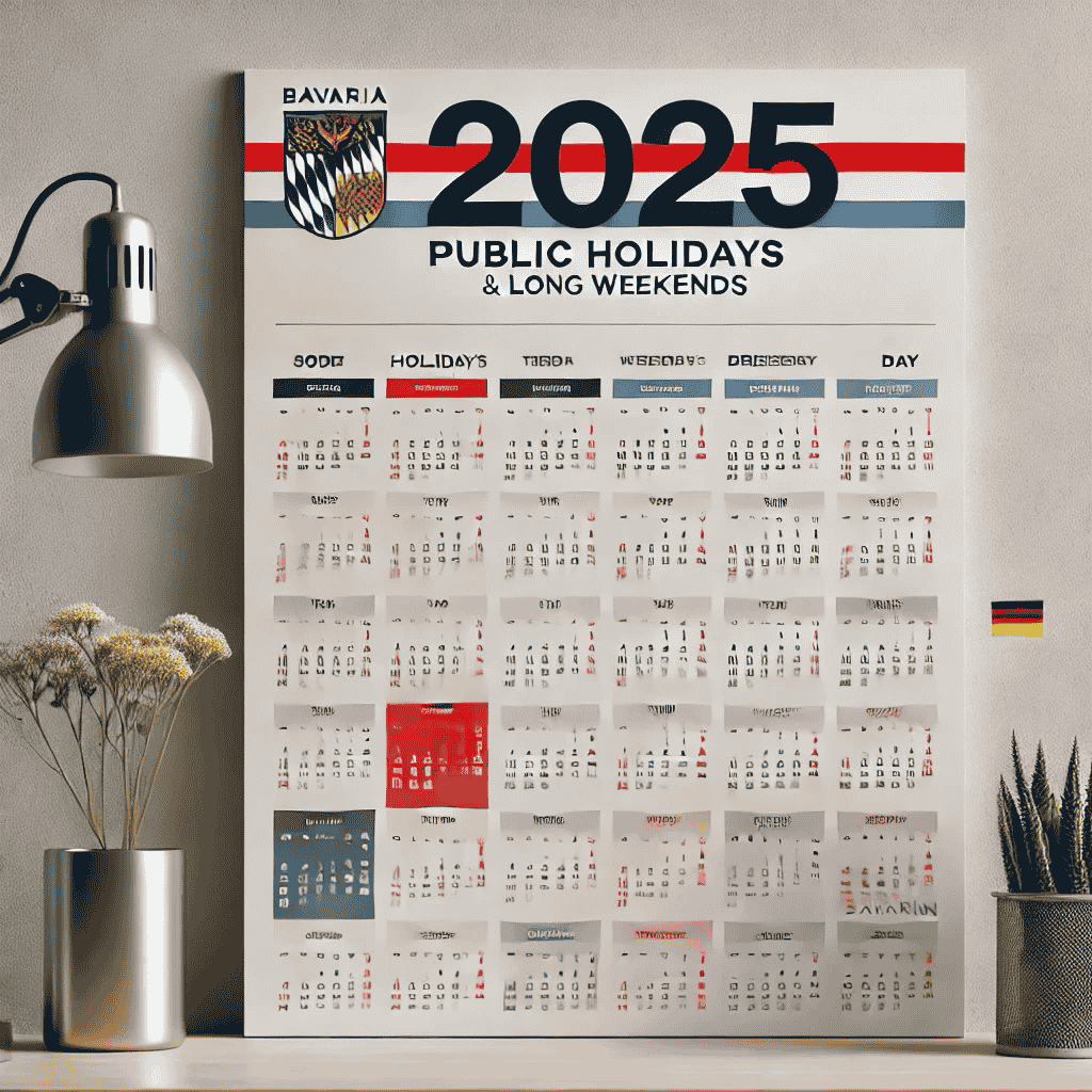 Ein moderner Wandkalender für das Jahr 2025, der Feiertage und Brückentage in Bayern mit farbigen Markierungen hervorhebt. Der Kalender hat ein minimalistisches Design und zeigt eine subtile bayerische Flagge im Hintergrund.