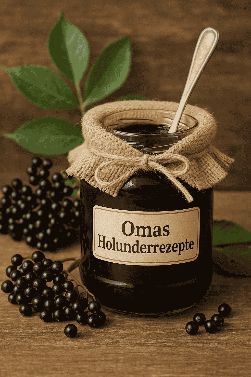 Ein rustikales Foto zeigt ein Glas selbstgemachter Holundermarmelade mit der Aufschrift „Omas Holunderrezepte“. Das Glas ist mit einem Jutestoff und einer Kordel abgedeckt, ein silberner Löffel steckt darin. Drumherum liegen frische Holunderbeeren auf einem hölzernen Untergrund, begleitet von grünen Holunderblättern. Die Szene wirkt warm, natürlich und nostalgisch – perfekt für einen Artikel über traditionelle Marmeladenrezepte.