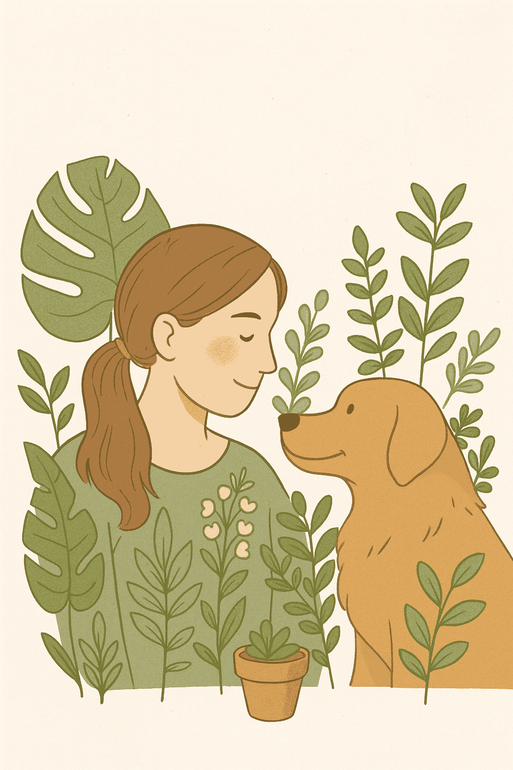 Illustration einer Frau mit ihrem Hund umgeben von Heilpflanzen – ein ruhiges, liebevolles Motiv, das die Verbindung zwischen Mensch, Tier und Natur symbolisiert.