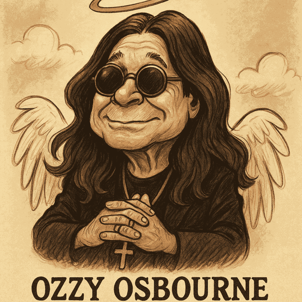 Liebevolle Karikatur von Ozzy Osbourne mit Sonnenbrille, langen Haaren, Engelsflügeln und Heiligenschein – ein symbolisches Tribute-Bild zum Gedenken an den „Prince of Darkness“.