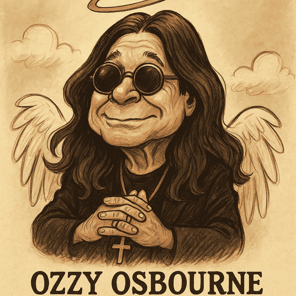 Liebevolle Karikatur von Ozzy Osbourne mit Sonnenbrille, langen Haaren, Engelsflügeln und Heiligenschein – ein symbolisches Tribute-Bild zum Gedenken an den „Prince of Darkness“.