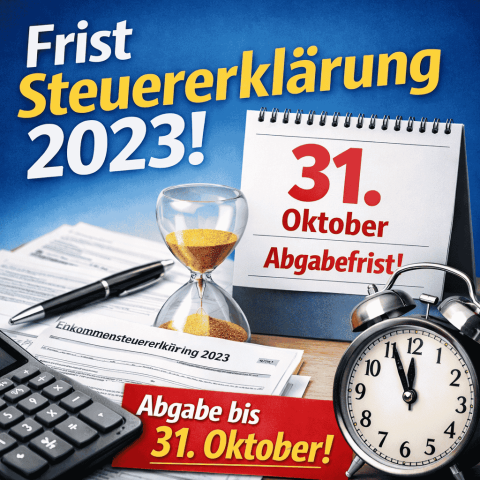 Grafik zur Frist Steuererklärung 2023 mit Kalenderblatt „31. Oktober“, Steuerformular, Taschenrechner, Sanduhr und Wecker – Hinweis: Abgabe bis 31. Oktober.