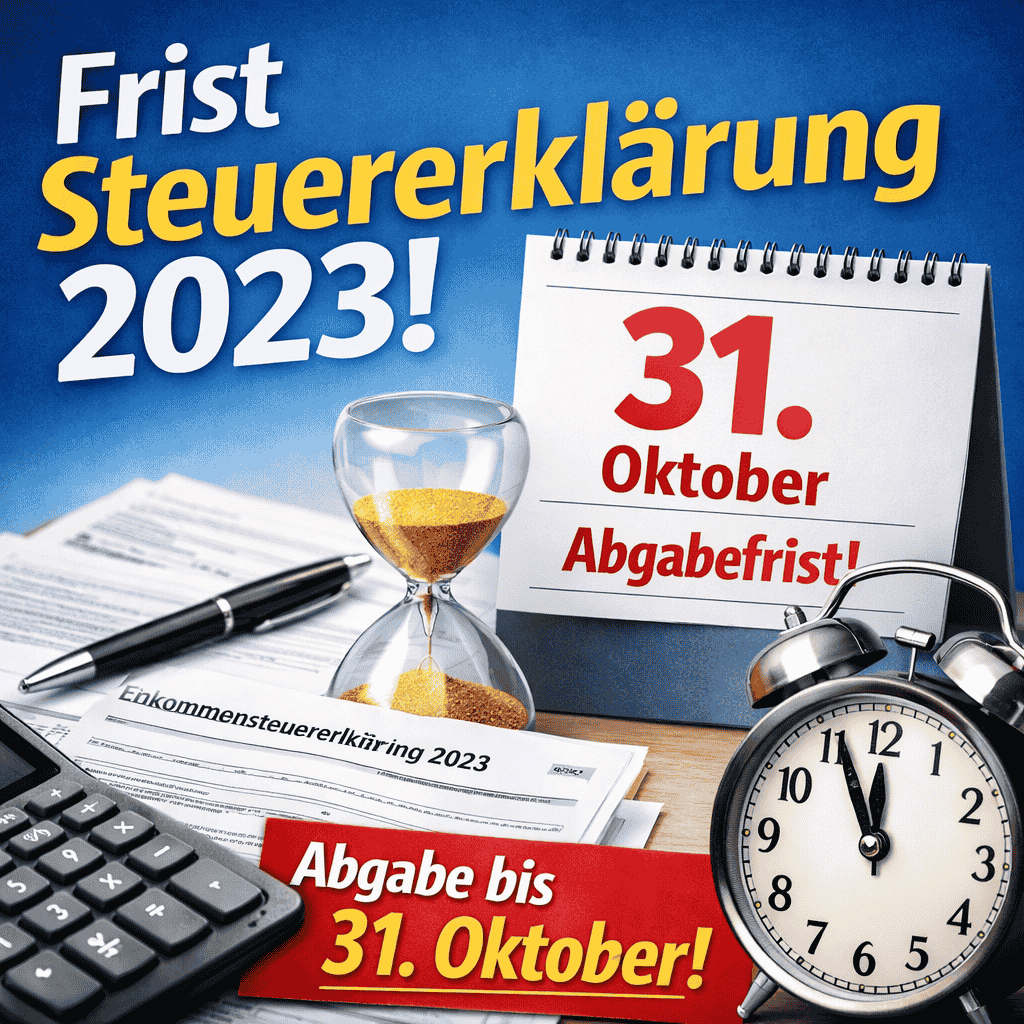 Grafik zur Frist Steuererklärung 2023 mit Kalenderblatt „31. Oktober“, Steuerformular, Taschenrechner, Sanduhr und Wecker – Hinweis: Abgabe bis 31. Oktober.