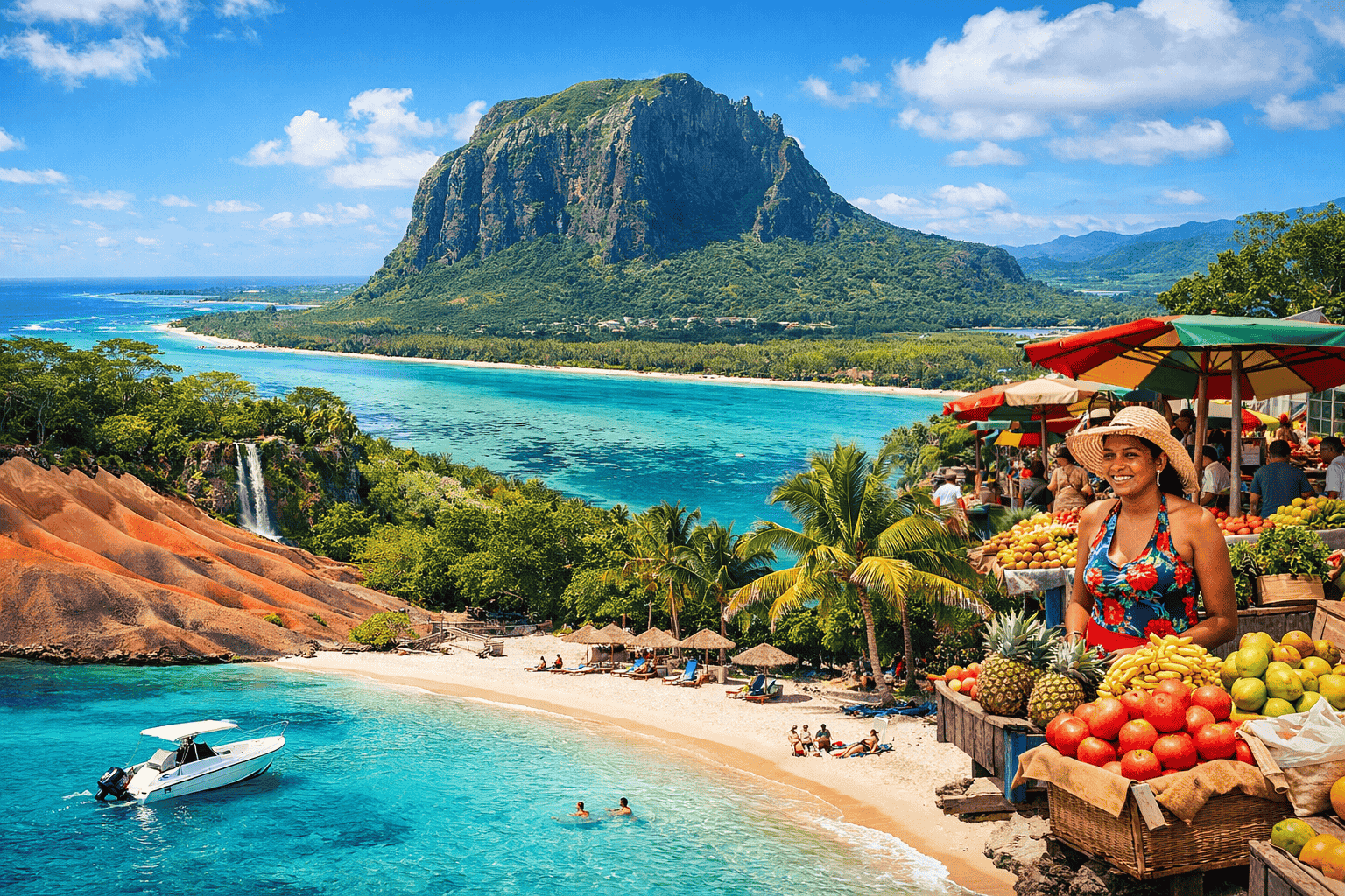 Panoramablick auf Mauritius mit Le Morne, türkisfarbener Lagune, Strand, Chamarel-Farben und Markt